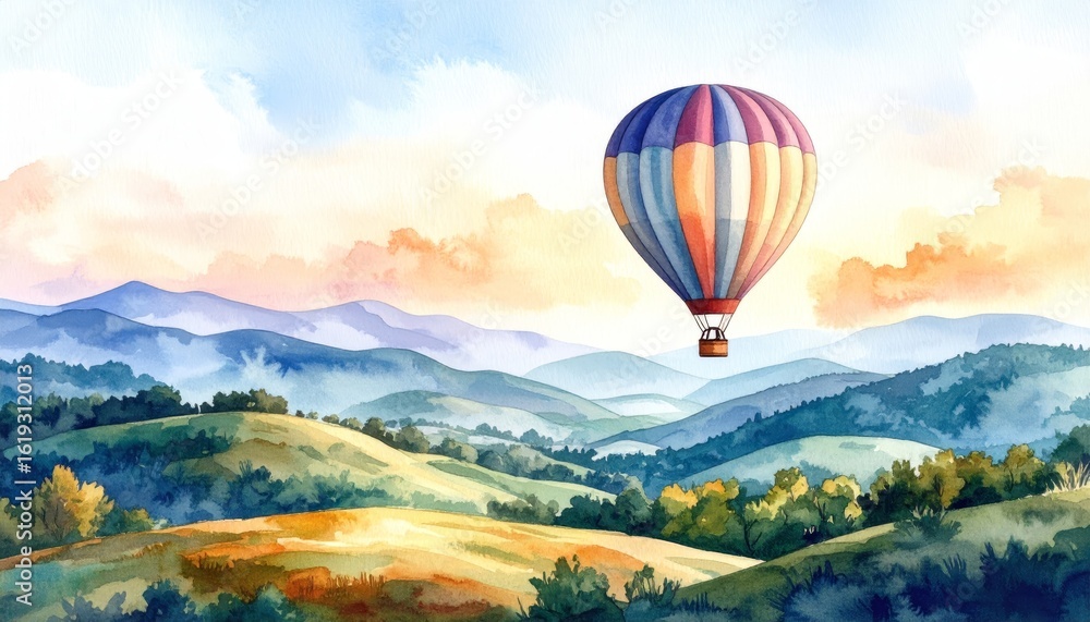 Obraz premium Dreamy watercolor painting of a hot air balloon soaring over majestic mountains.