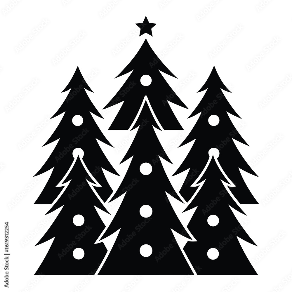 Obraz premium Black graphic illustration of a cluster of stylized Christmas trees with white circles and a star