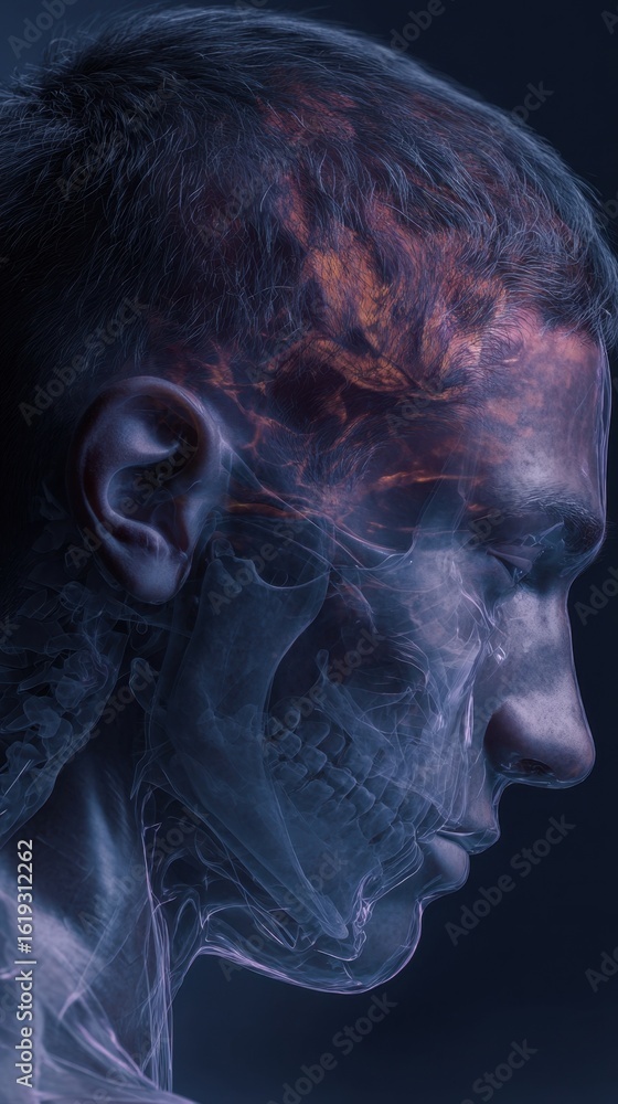 Fototapeta premium Side profile of a person with visibly inflamed forehead representing increased intracranial pressure due to vitamin A hypervitaminosis in a clinical environment.