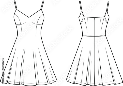 Sleeveless flare dress flat sketch, front and back view, fashion technical drawing, women’s apparel vector, strappy dress design, sewing template, clothing illustration