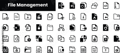 A collection of black and white file management icons, featuring symbols for downloading, uploading, security, and document types, ideal for digital design.