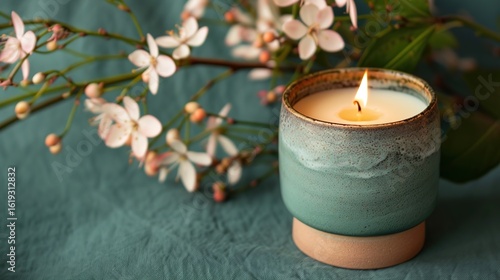Handmade ceramic candle with a bright lit flame, featuring a smooth texture and artisanal design, set against a vivid green background. The glowing flame emits a warm light, highlighting the craftsman