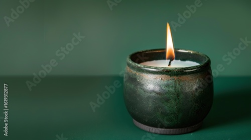 Handmade ceramic candle with a bright lit flame, featuring a smooth texture and artisanal design, set against a vivid green background. The glowing flame emits a warm light, highlighting the craftsman