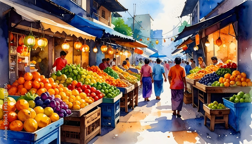 Obraz premium Colorful painting of a bustling fruit market with fresh and vibrant produce.