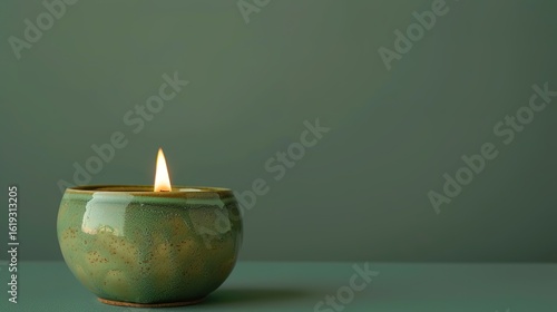Handmade ceramic candle with a bright lit flame, featuring a smooth texture and artisanal design, set against a vivid green background. The glowing flame emits a warm light, highlighting the craftsman
