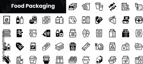 A collection of minimalist food packaging icons in black and white, showcasing various containers and labels, perfect for design projects and presentations.