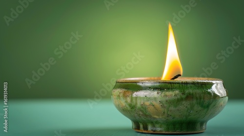 Handmade ceramic candle with a bright lit flame, featuring a smooth texture and artisanal design, set against a vivid green background. The glowing flame emits a warm light, highlighting the craftsman