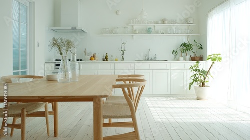 Bright minimalist kitchen-dining area, sunlit, plants, modern home decor, real estate listing