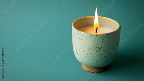 Handmade ceramic candle with a bright lit flame, featuring a smooth texture and artisanal design, set against a vivid green background. The glowing flame emits a warm light, highlighting the craftsman