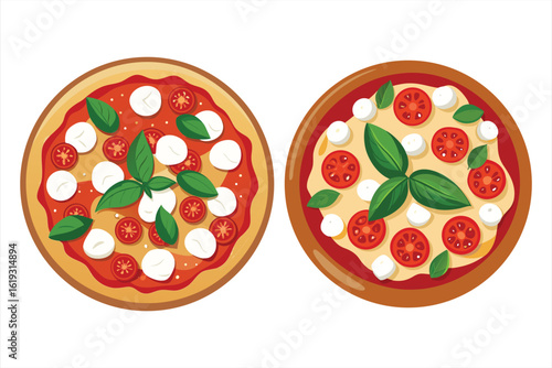 Delicious pizzas with fresh mozzarella, tomatoes, and basil, presented sidebyside on a plain background, showcasing italian cuisine