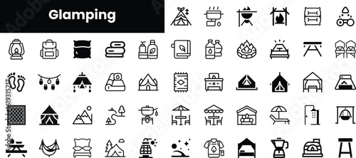 A diverse collection of glamping icons, depicting essentials like tents, campfires, and outdoor activities in a minimalist black and white design.