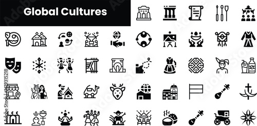 A diverse collection of icons representing global cultures, showcasing various cultural elements from around the world in a minimalist design.