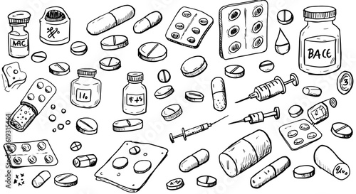 Hand-drawn black and white illustration showcasing a variety of pharmaceutical items including pills, capsules, syringes, medicine bottles, and blister packs.