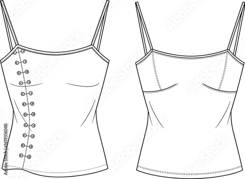 Spaghetti strap top flat sketch, side button cami design, technical fashion template, vector CAD drawing, apparel front and back view