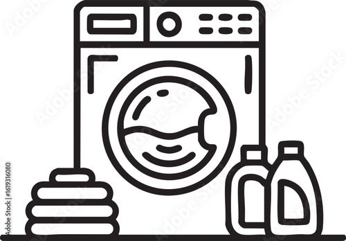 Washing Machine Line Art Minimalist Vector Illustration Laundry Symbol With Detergent And Clothes For Cleaning Household Design