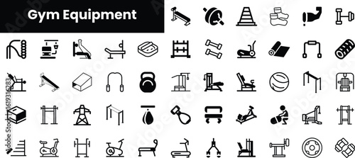 Variety of gym equipment icons, showcasing diverse fitness tools and machines for a complete workout. Perfect for health and wellness projects.
