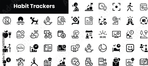 A collection of monochrome habit tracker icons featuring wellness, productivity, and motivation themes. Ideal for apps or planners focused on personal growth.