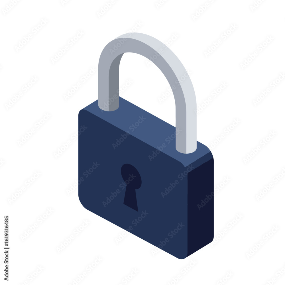 Isometric padlock illustration representing security and privacy. A dark blue lock icon for concepts like data protection and secure access control. Isometric padlock illustration representing security and privacy. A dark blue lock icon for concepts like data protection and secure access control.
