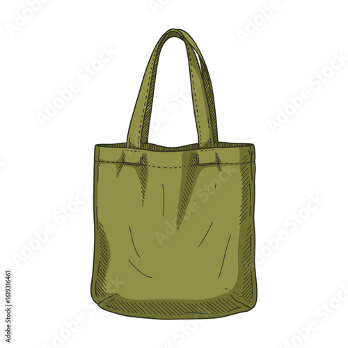 Hand-drawn vector illustration of a green reusable tote bag. Sketch style eco-friendly fabric shopping bag isolated on white background.