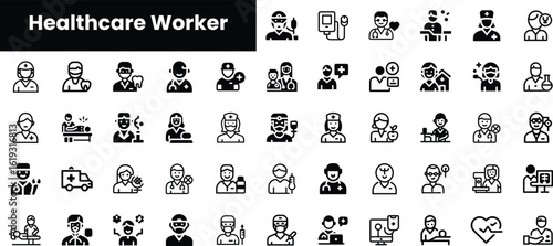 A diverse collection of healthcare worker icons, showcasing various roles within the medical field including doctors, nurses, and emergency responders.