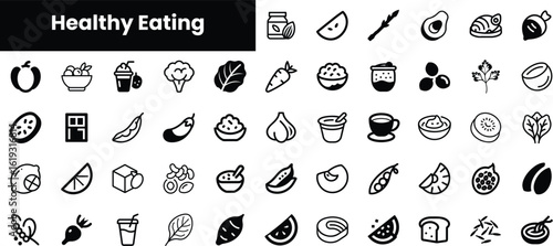 A variety of black and white icons depicting healthy eating, featuring fruits, vegetables, and nutritious meals representing a balanced diet.