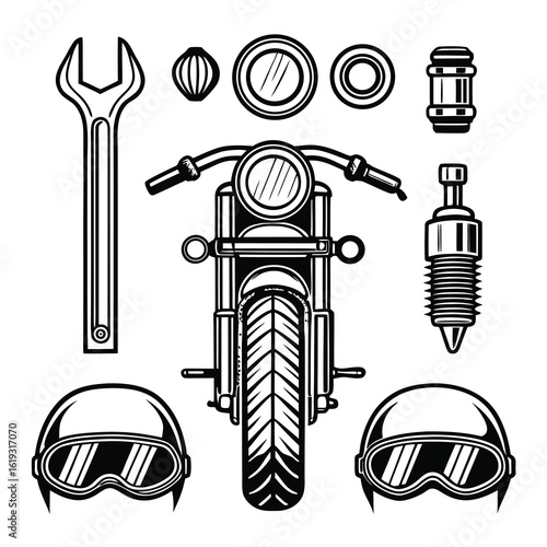 Vintage motorcycle parts and accessories black and white illustration