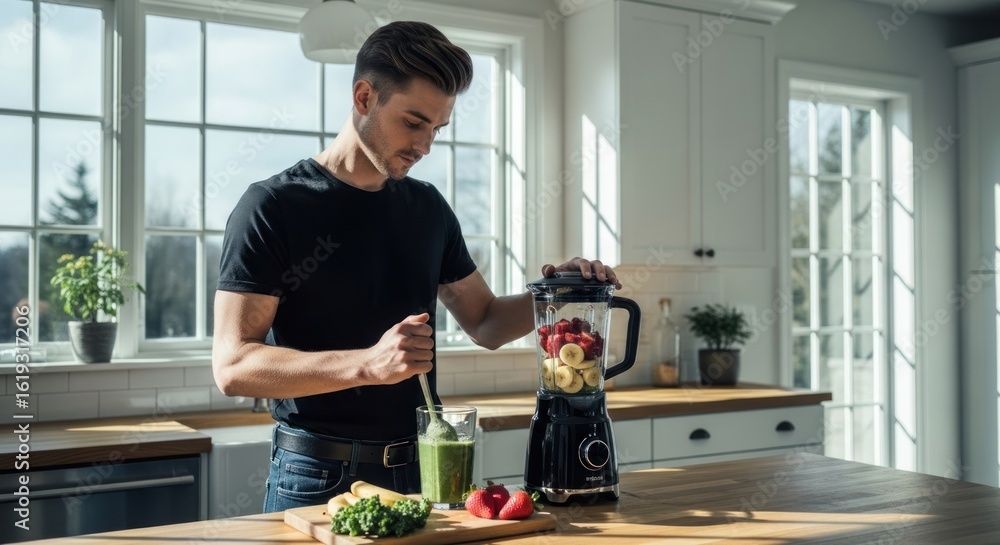 Fototapeta premium A man in a black shirt blending a smoothie with fruits in a kitchen.