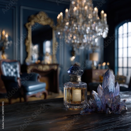 Luxurious perfume bottle, crystal, dark room.  Interior display