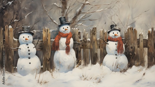 Three snowmen, bundled up in hats and scarves, standing by a fence in a snowy winter scene.