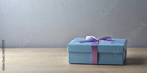 A light blue gift box adorned with a lavender ribbon sits on a wooden surface against a muted gray backdrop.