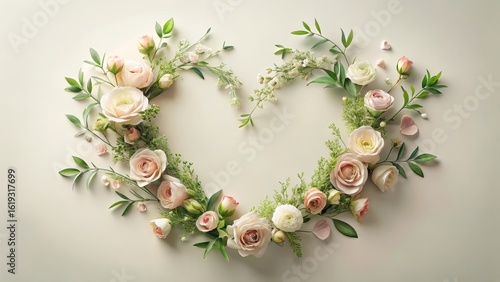 Heart-shaped floral arrangement of pastel roses and delicate greenery, perfect for romantic occasions and elegant designs