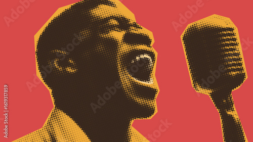 Pop art style portrait of a jazz and blues singer passionately performing with microphone