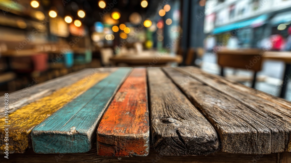 Fototapeta premium A rustic wooden table features colorful painted stripes, surrounded by a welcoming cafe atmosphere filled with soft lighting and hints of lively outdoor activity.