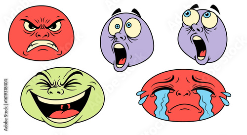Cartoon illustration showing five different emotional faces: anger, fear, surprise, joy, and sadness.