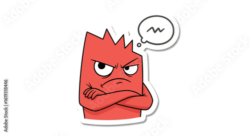 Angry red cartoon creature with arms crossed, thinking, sticker design.