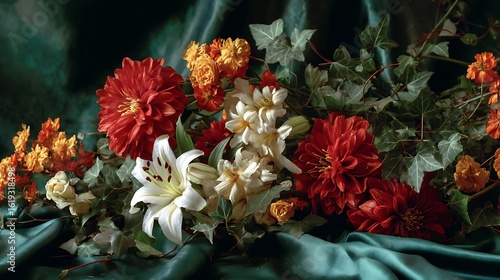 A vibrant composition of red dahlias, white lilies, and orange marigolds, surrounded by fresh eucalyptus leaves and wild ivy.