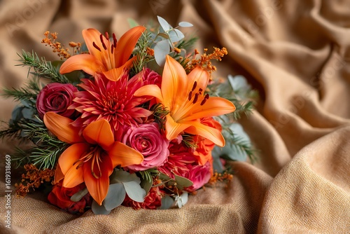 A vibrant display of orange lilies, red dahlias, and bright pink roses, paired with fresh green eucalyptus leaves and sprigs of rosemary.