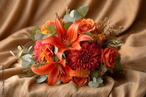 A vibrant display of orange lilies, red dahlias, and bright pink roses, paired with fresh green eucalyptus leaves and sprigs of rosemary.