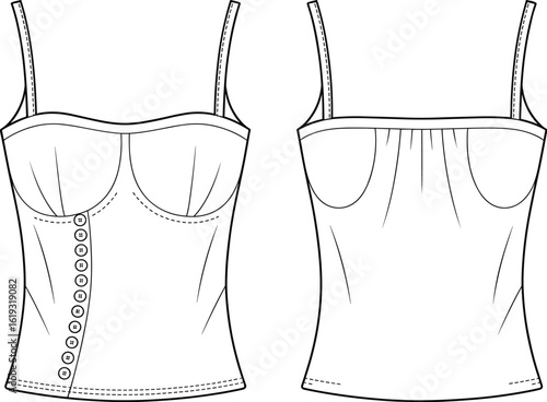 Women's camisole top fashion flat sketch, strappy bustier with buttons, technical clothing drawing, fitted tank top design, sewing pattern, vector apparel template illustration