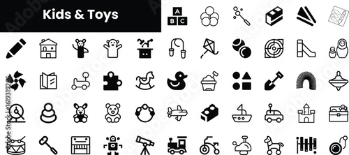 A diverse collection of black and white icons representing kids and toys, featuring playful elements like puzzles, kites, and stuffed animals.