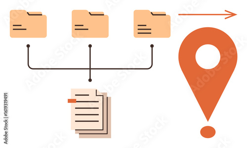File folders connected to documents by arrows, leading to a location marker. Ideal for organization, workflow, storage, operations, relocation, progress communication. Simple flat metaphor