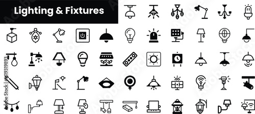 A diverse collection of black and white lighting icons, showcasing various types of light fixtures suitable for design and architectural projects.