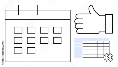 Calendar grid, thumbs-up hand gesture, and financial table with currency coin. Ideal for team management, scheduling, deadlines, financial planning, task approval, budgeting simple landing page