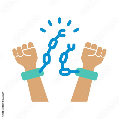 Symbolic vector graphic of raised fists breaking chains. An icon representing freedom, human rights, and overcoming oppression.