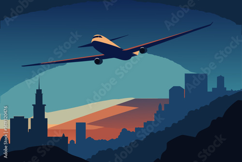 Sleek jetliner soars above a stylized cityscape at dusk with mountainous backdrop