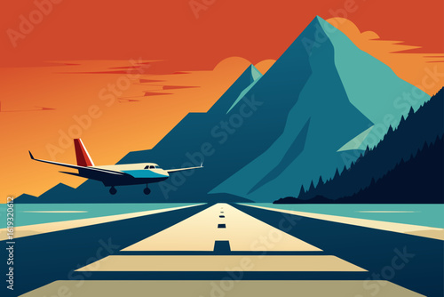 Airplane on a runway with a mountain and sunset sky in the background