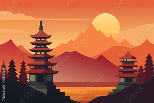 Serene japanese pagoda landscape with majestic mountains and calming water at sunset