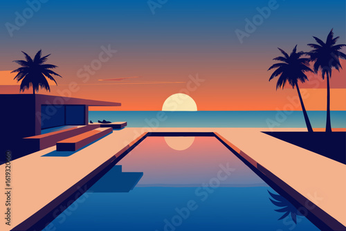Serene coastal villa with infinity pool at sunset with palm trees and distant mountains