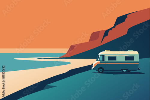 Vintage camper van parked on a beach with a sailboat and dramatic sunset sky