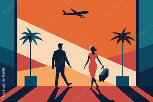 Stylish couple with luggage at airport terminal with palm trees and airplane flying overhead